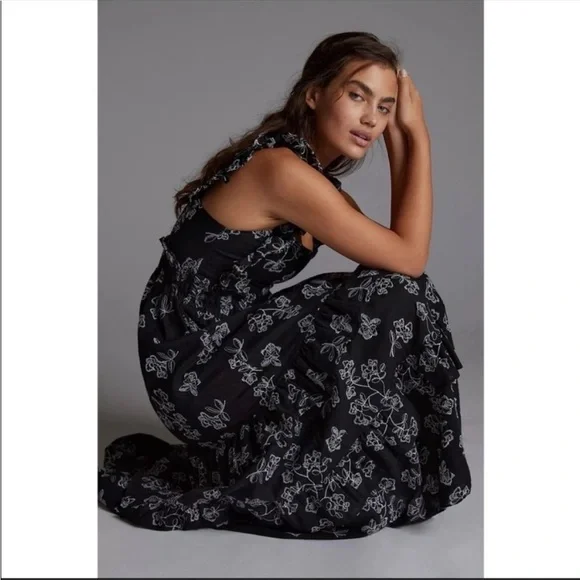 Anthropologie Especia Navy White Floral Embroidered Ruffle Maxi Dress Medium NWT - Picture 11 of 12